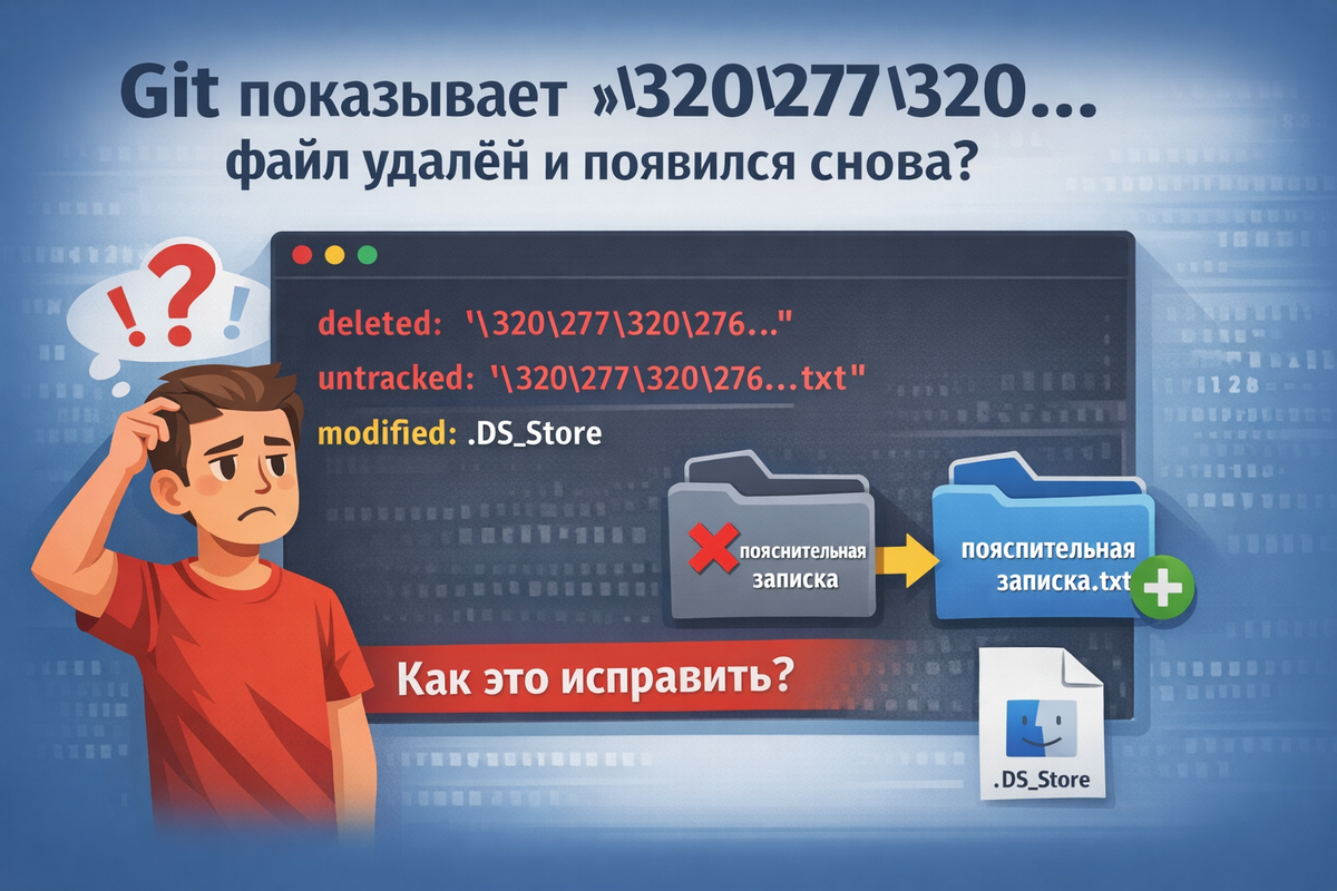 Git показывает странные символы (\320\277...), файл удалён и появился заново — как исправить