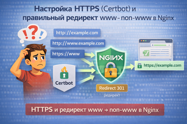 Настройка HTTPS (Certbot) и правильный редирект www → non-www в Nginx
