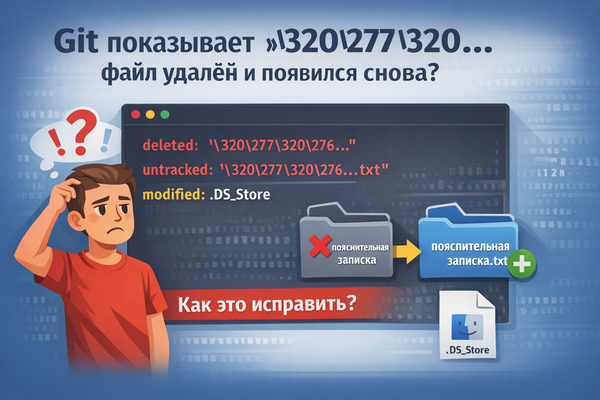 Git показывает странные символы (\320\277...), файл удалён и появился заново — как исправить